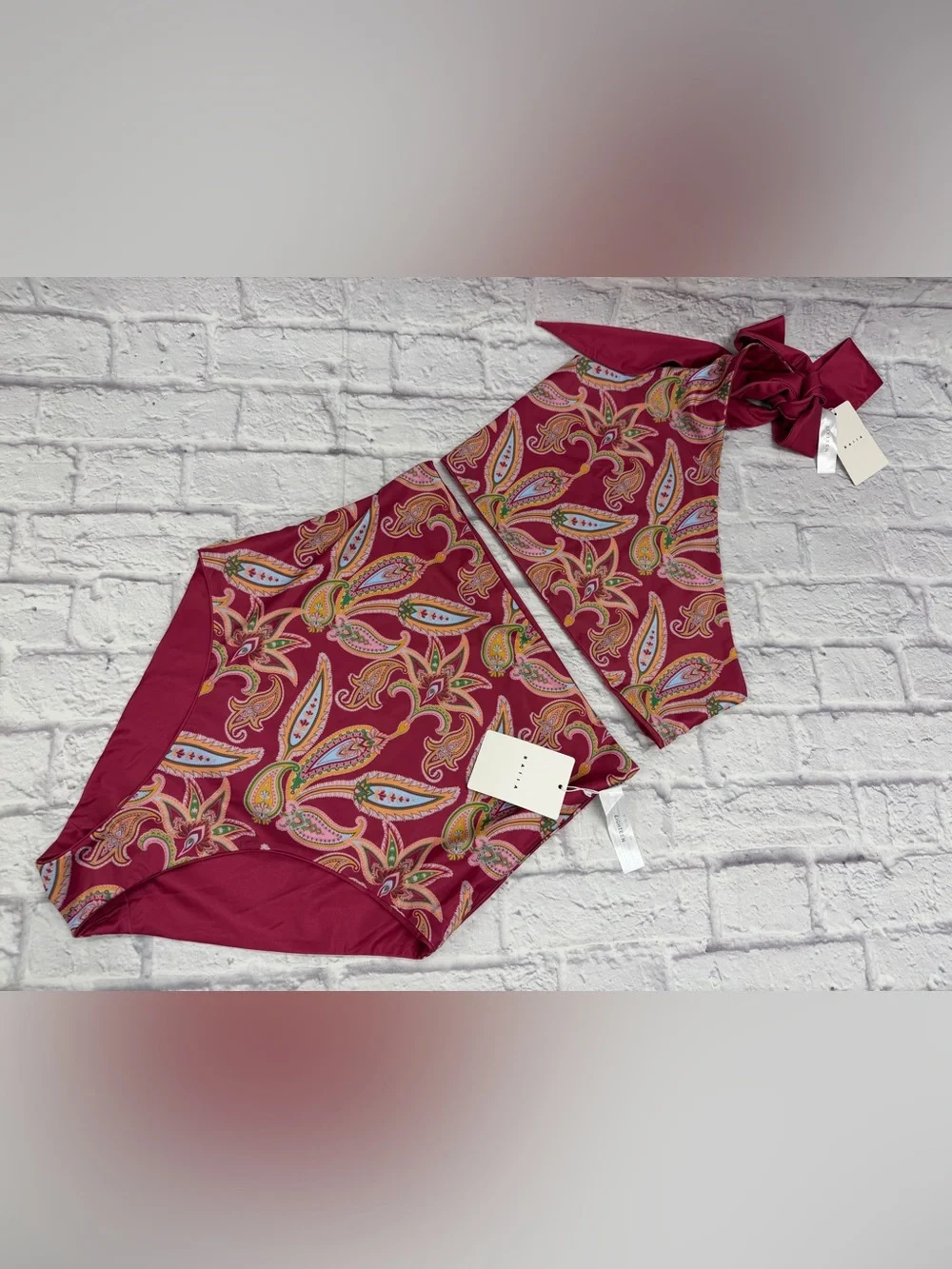 BAIIA One Shoulder Sangria Pink Paisley Reversible Bikini Bottom 18 Top 16 NWT's